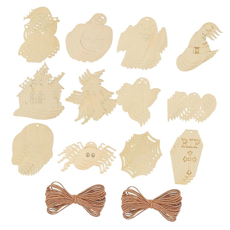 Maxbell 48 Pieces Halloween Wooden Cutouts Versatile Blank Surface Painting Pendants