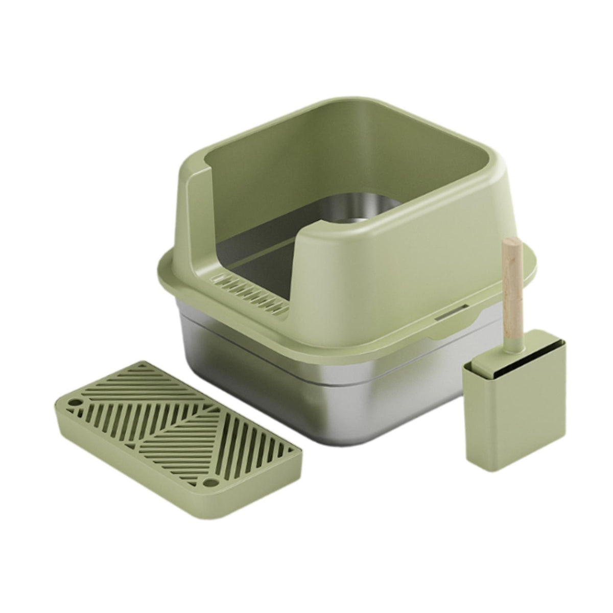 Maxbell Cat Litter Box Stainless Steel Litter Container Bedpan Kitten Litter Pan Olive