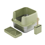 Maxbell Cat Litter Box Stainless Steel Litter Container Bedpan Kitten Litter Pan Olive