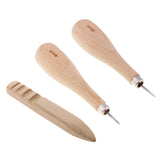 Maxbell 3pcs Wood Sewing Stitching Awl + Leather Edge Slicker for Leather Crafts