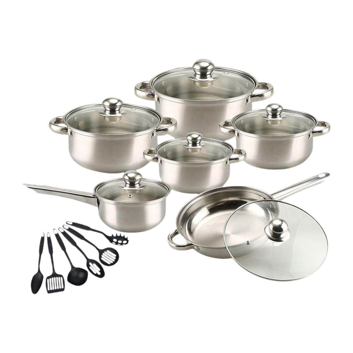 Maxbell 6x Pots and Pans Set Saucepan Sturdy Cookware Set for Indoor Camping Kitchen 12PCS Silver Handle