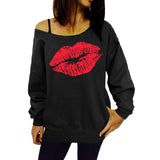 Maxbell Women Sweatshirts Off Shoulder Sexy Long-Sleeved Tops S Black Red Lips