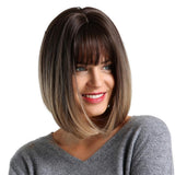 12" Short Straight Bob Synthetic Hair Full Wig Brown Ombre Flaxen