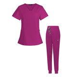 Maxbell 2xFemale Scrub Set Nurse v neckline Machine Washable Short Sleeves Suit M Rose Red