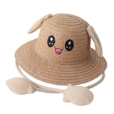 Maxbell Bunny Ears Straw Hat Cap Wide Brim Children Beach Hat for Beach Summer Trips Khaki