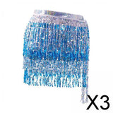 Maxbell 3xGlitter Belly Dance Hip Skirt Tassel Scarf for Stage Performance Rumba Samba Silver and Blue