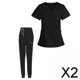 Maxbell 2xFemale Scrub Set Nurse v neckline Machine Washable Short Sleeves Suit M  Black