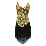 Maxbell Women Latin Ballroom Dance Costume Sequins Tassel Sling Skirt Black Gold - Aladdin Shoppers