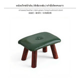 Maxbell Wooden Small Stool, olive Oil Wax Leather Ottoman, Mushroom Bench for Living Room & Entryway, Soft Upholstered Shoe Bench, Low Modern Minimalist Stepping Stool for Home Button Green