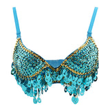 Maxbell Maxbell Belly Dance Beaded Bra Sequins Top Sexy Dancing Singer Costume Tassels Blue
