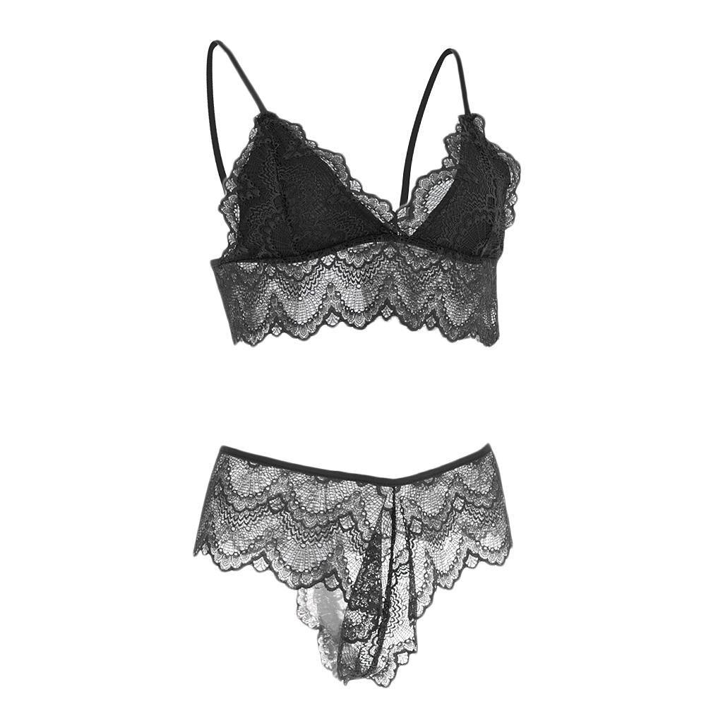 Maxbell Maxbell Women Sexy Lace Bra Panty Thong Lingerie Set Sleepwear Black L