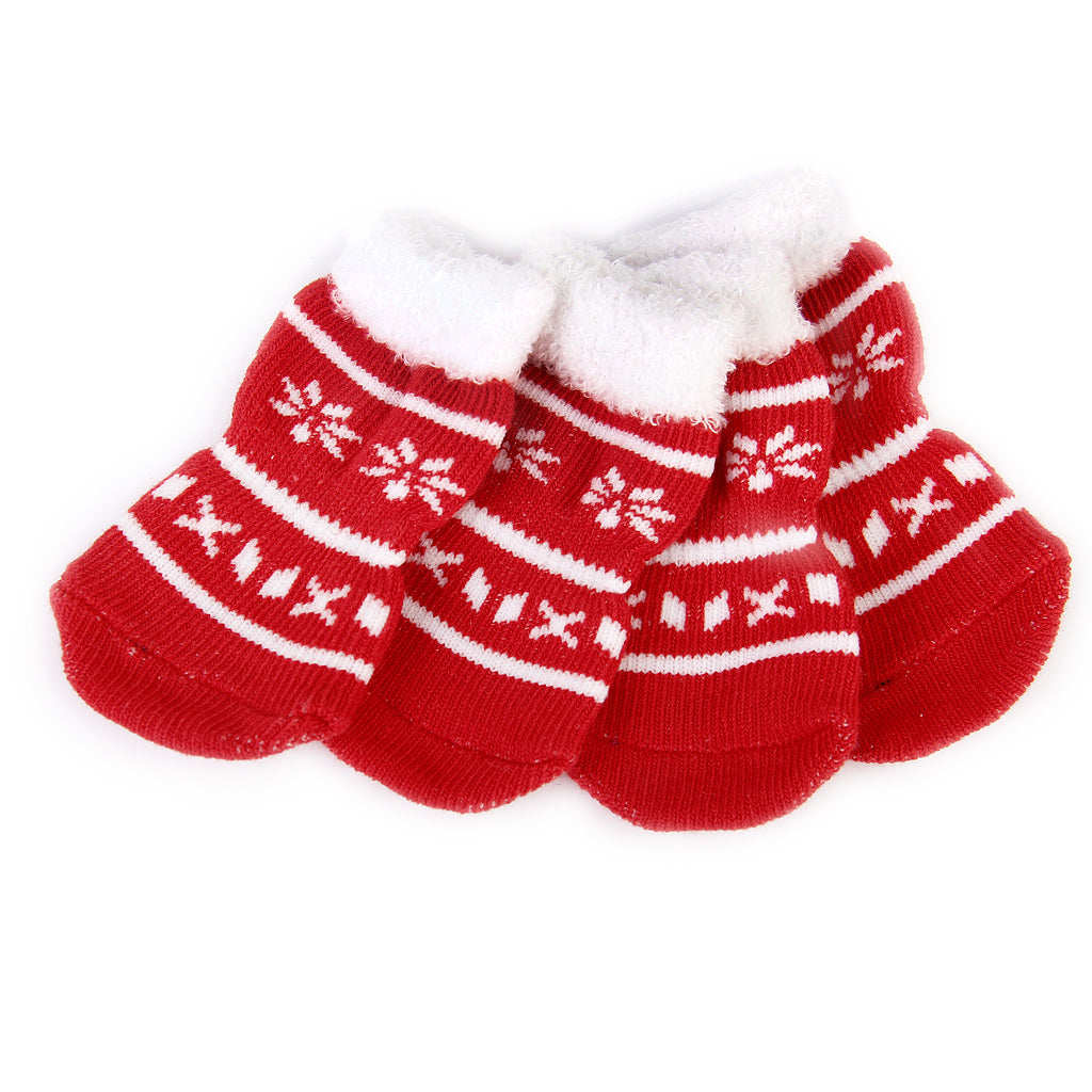 Maxbell Maxbell Skid Free Cute Paw Prints Warm Dog Socks Pet Supplies Red + White XL PACK OF 4PCS
