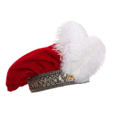 Muffin Top Hat Flat Cap Prop Party Medieval King Hat with Artificial Feather Red