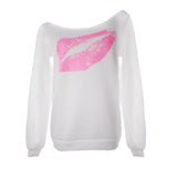 Maxbell Women Sweatshirts Off Shoulder Sexy Long-Sleeved Tops S White Pink Lips