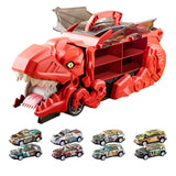 Dinosaur Transport Truck Carrier Portable Dinosaur Swallowing Truck for Kids red with 8 car