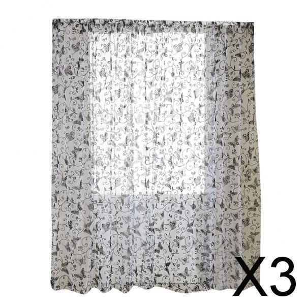 Maxbell 3x100*200cm Butterfly Window Voile Curtain Sheer Tulle Drape Valance Black