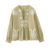 Maxbell Embroidery Blouse for Women Shirt Ethnic Comfortable Mexican Embroidered Top L