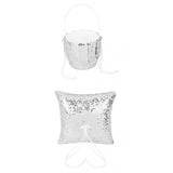 Maxbell Ring Pillow&Basket Set Sequin Rhinestone Wedding Decor Ribbon Flower -Silver