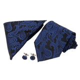 Maxbell Mens Necktie Woven Silk Tie Hanky & Cufflinks Set Wedding Party Neckwear Dark Blue