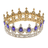 King Queen Bridal Crown Rhinestone Tiaras Gold Plated Hair Jewelry  Blue