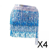 Maxbell 4xGlitter Belly Dance Hip Skirt Tassel Scarf for Stage Performance Rumba Samba Silver and Blue