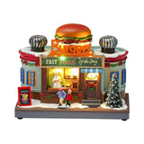 Maxbell Christmas Village House Statue LED Lighted Fast Food Figurine for Countertop Hamburger Shape