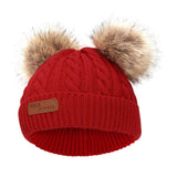 Maxbell Boys Girls Pom Poms Hat Thick Warm Winter Soft Cotton Knitted Beanies red