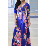 Maxbell Maxbell Women's Floral Maxi Dresses Long Sleeve V-Neck Sexy Beach Dress M Blue