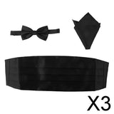 Maxbell 3x3pcs Men's Satin Bow Tie Cummerbund Hanky Handkerchief Black