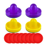 Maxbell 4 Air Hockey Pushers and 8 Pucks 2.5 inch Pucks for Family Game Tables Party Yellow and Violet