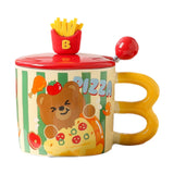 Maxbell Cute Bear Coffee Mug with Lid and Spoon Teacup for Office Dorm Birthday Gift Pizza