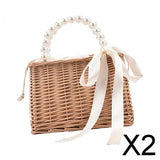 Maxbell 2xSummer Straw Bag Basket Handbag Double Handles for Market Shopping Decor Pearl Handle