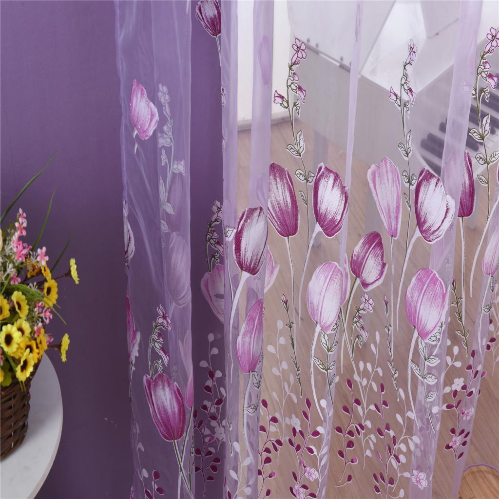 Maxbell Maxbell 100*200cm Window Voile Curtain Panel Sheer Tulle Drape Tullip Flower Purple