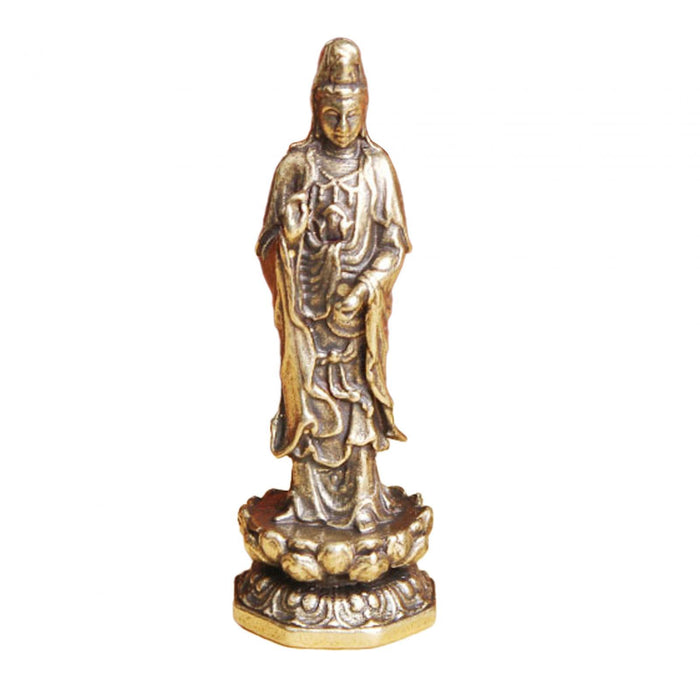 Maxbell Mini Guan Yin Statue Standing on Lotus Brass Figurine for Bedroom Decorative