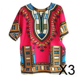 Maxbell 3xUnisex African Dashiki Shirt V Neck Short Sleeve Comfortable Summer Wear One Size  Rose Red