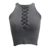 Womens Sleeveless Strappy Crop Top Lace Up Ribbed Knit Cami Tank L Gray