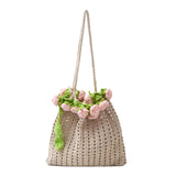 Maxbell 3D Rose Bouquet Bouquet Woven Beach Bag Shoulder Bag for Trip Shopping Pink