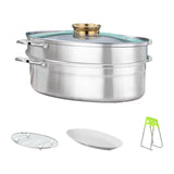Maxbell Fish Steaming Pot with Cover Oval Cookware for Eggs Vegetables Coarse Grains Gold Double Layer
