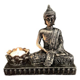 Maxbell Maxbell Resin Meditating Buddha Statue Tealight Candle Holder Decor Antique Silver