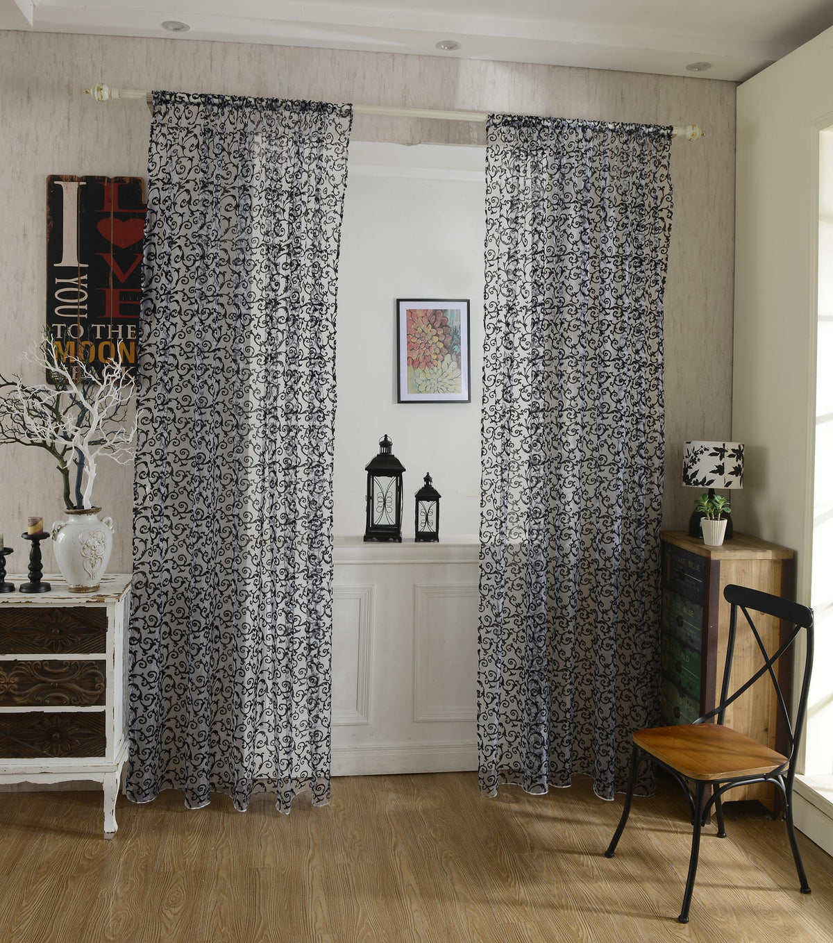 Maxbell Flocking Pattern Sheer Curtain Panel Window Tulle Divider White 100*200cm