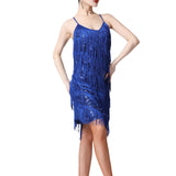 Maxbell Maxbell Women Sequin Tassel Dress Dancewear Flapper Dress for Samba Cha Cha L Blue