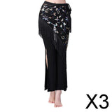 Maxbell 3xChiffon Belly Dance Waist Chain Hip Scarf Women Tassels Sequins Belt Costume Black Colorful