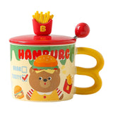 Maxbell Cute Bear Coffee Mug with Lid and Spoon Teacup for Office Dorm Birthday Gift Burger