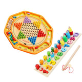 Chinese Checkers 12" Wooden Chessboard with Wooden Fishing Toy for Kids Play