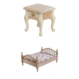 Maxbell 1/12 Dollhouse Wooden Bedroom Bedside Table+Mini Double Bed