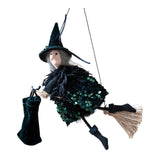 Maxbell Halloween Hanging Witch on Broom Tree Prop Party Bar Flying Witch Wall Decor Green