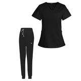 Maxbell 2xFemale Scrub Set Nurse v neckline Machine Washable Short Sleeves Suit M  Black