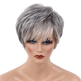 Maxbell Cool Design Short Straight Wigs with Bangs Silver Gray Color Heat Perm OK 70% Real Human Hair Full Head Women Wigs,Pixie Cut Layer Wig - Aladdin Shoppers