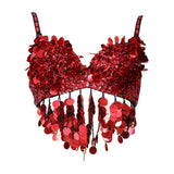 Maxbell Sequin Crop Top Clubwear Outfits for Women Outerwear Bra for Club Stage Show 36 Yards Red