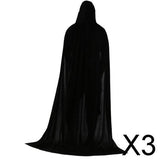 Maxbell 3xVelvet Hooded Cloak Long Robe Witch Capes Halloween Costume 170cm Black